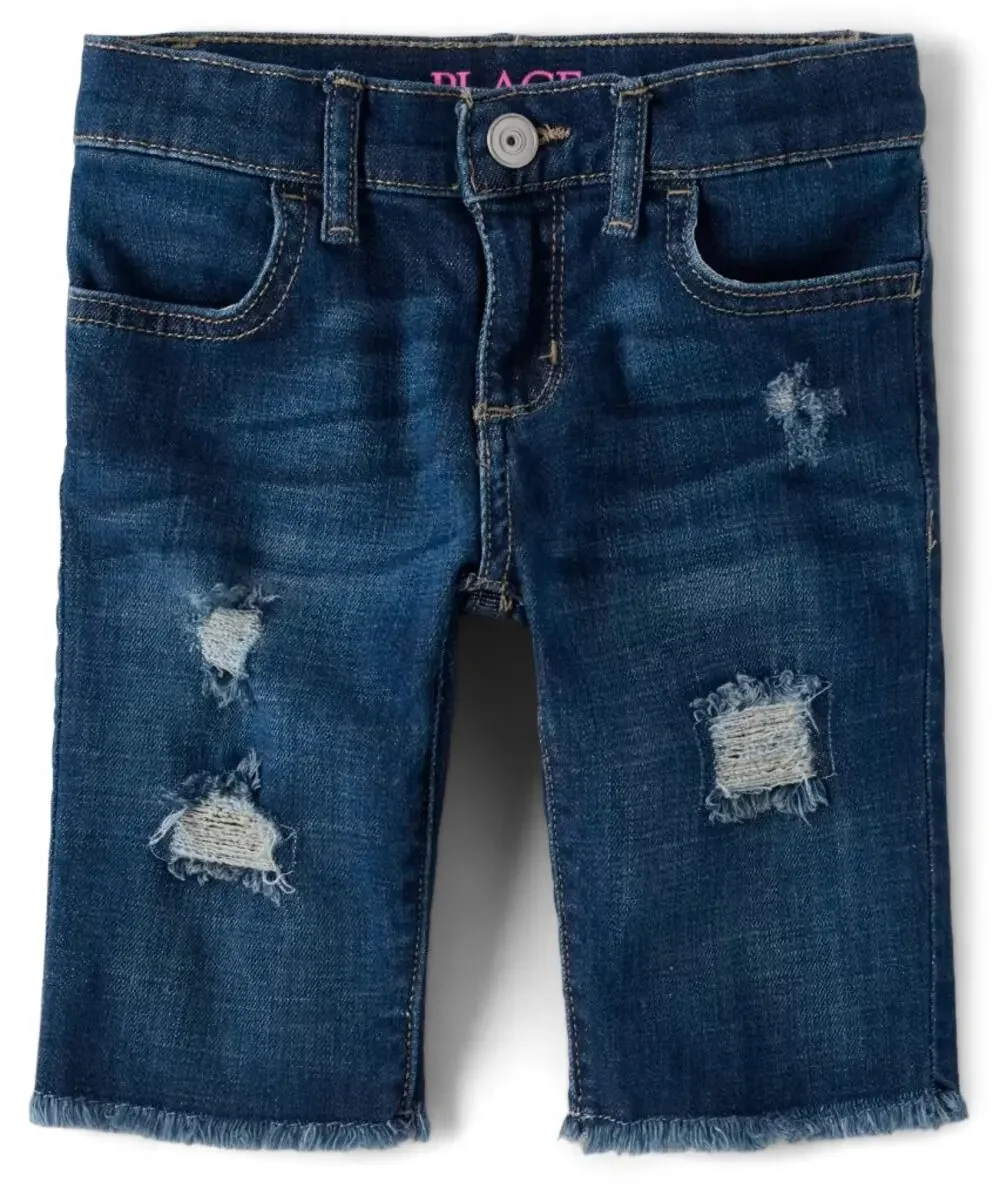 The Children’s Place Girls Distressed Denim Skimmer Shorts in Sage Wash, Size 4